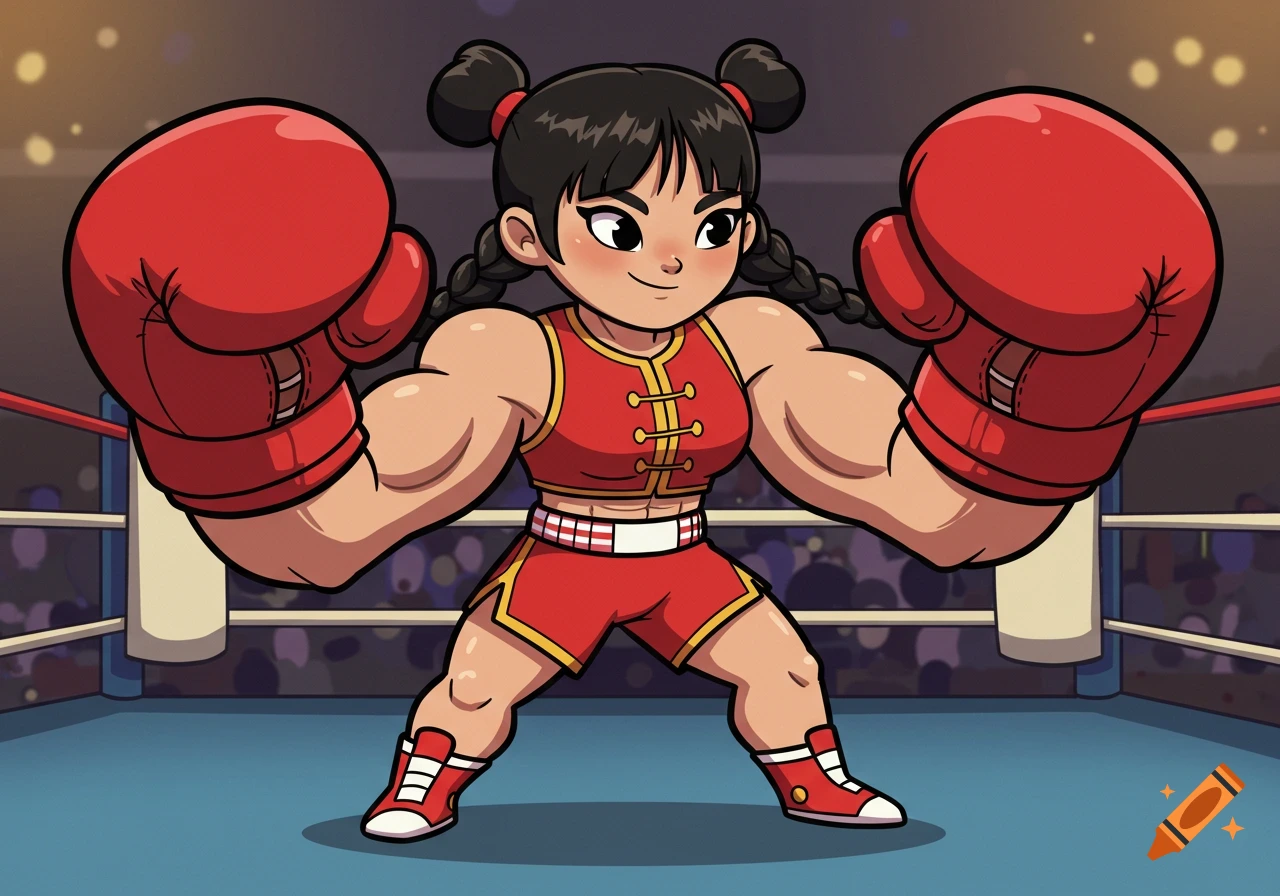 A cartoon muscular female boxer with pigtails and a red Chinese-style outfit stands in a boxing ring.
