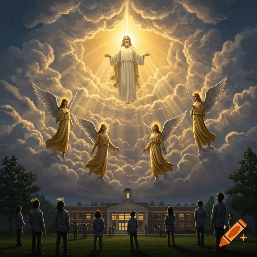 Jesus and four angels float in glowing clouds above a school as people watch from the ground, in a realistic drawing.