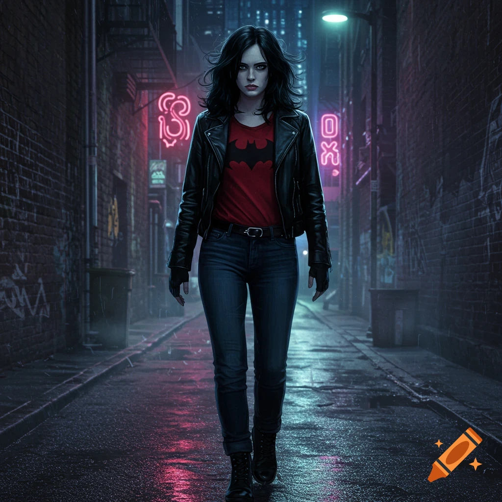Photorealistic image of Jessica Jones in a black leather jacket and red Batman shirt, walking in a rainy, neon-lit city alley at night.