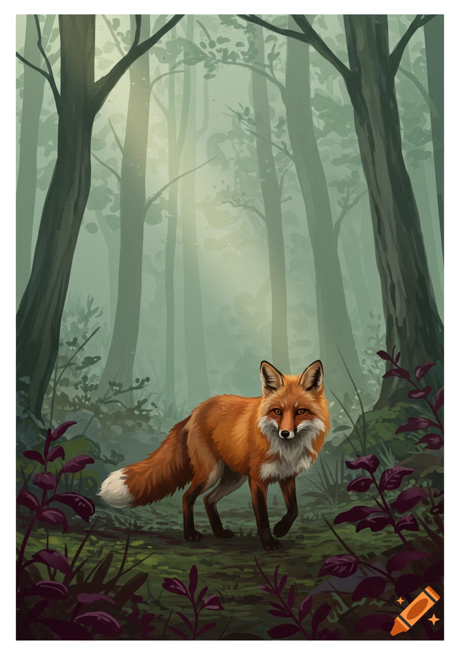 An illustrated red fox with white markings walks through a misty, dark forest with tall trees and purple-leaved plants.