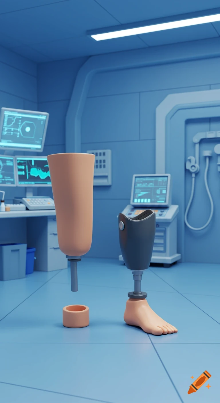 Two cartoon prosthetic legs, one complete with a foot, in a blue medical lab with monitors.