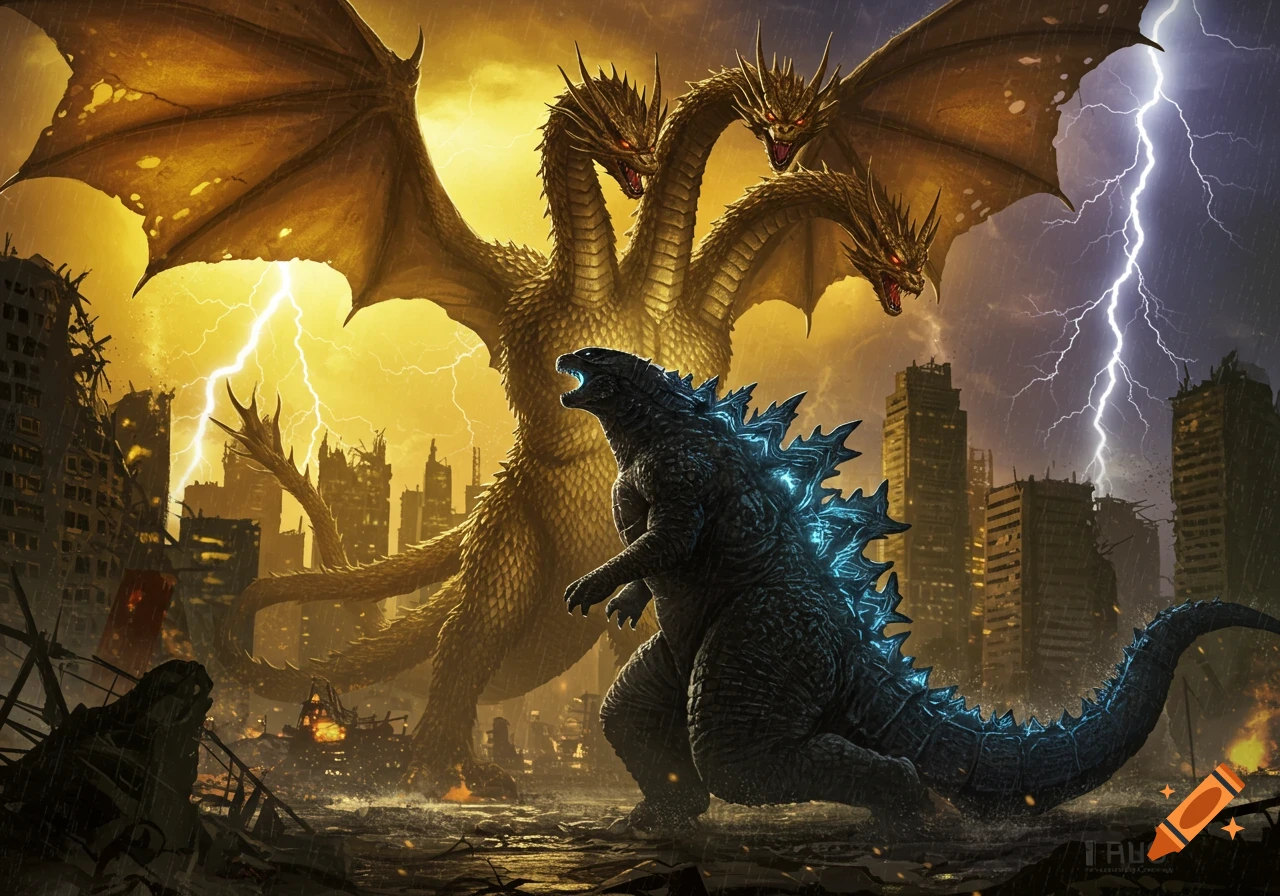 Detailed illustration: Godzilla and King Ghidorah face off in a ruined city under a lightning-filled, stormy sky.