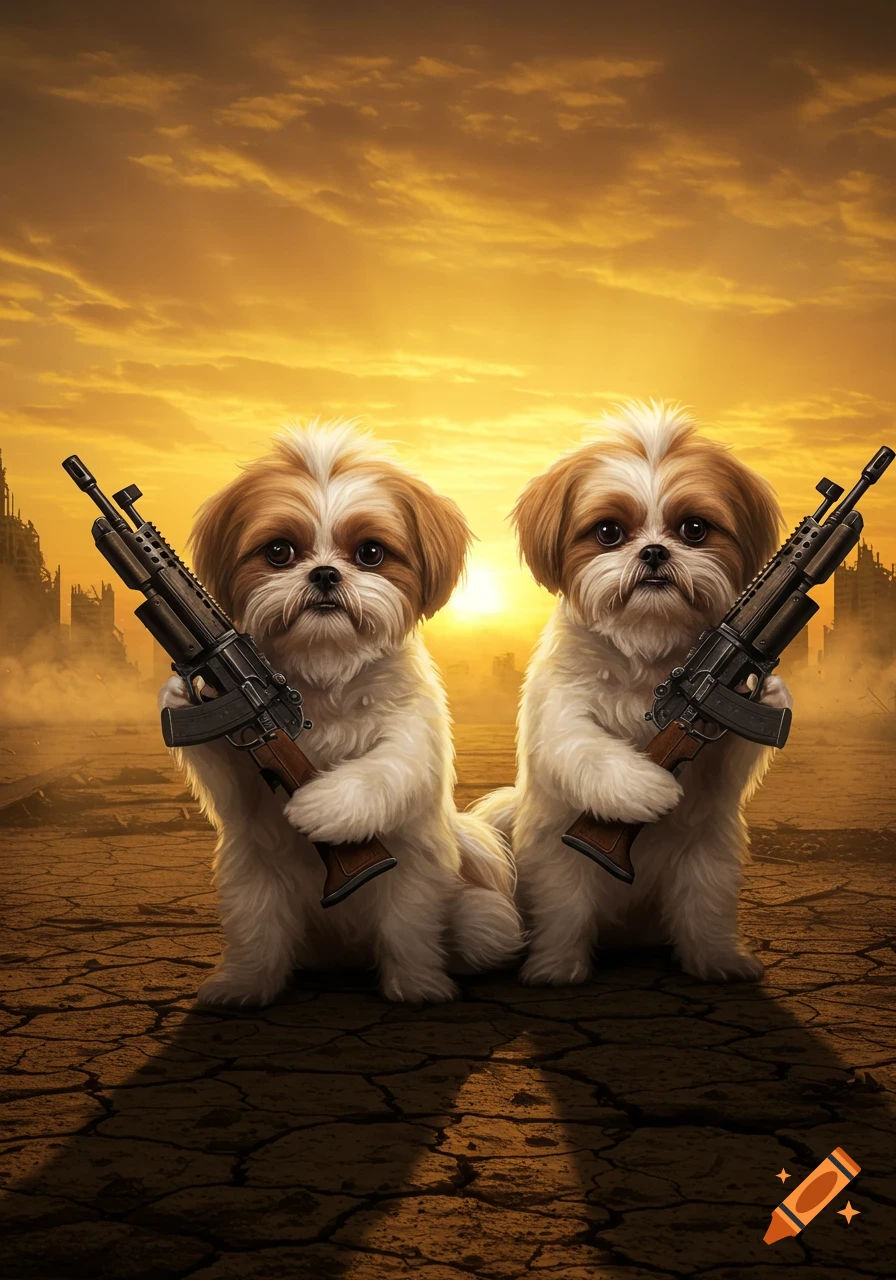 Two cute Shih Tzu dogs holding machine guns stand on cracked earth in a ruined city at sunset, photorealistic.