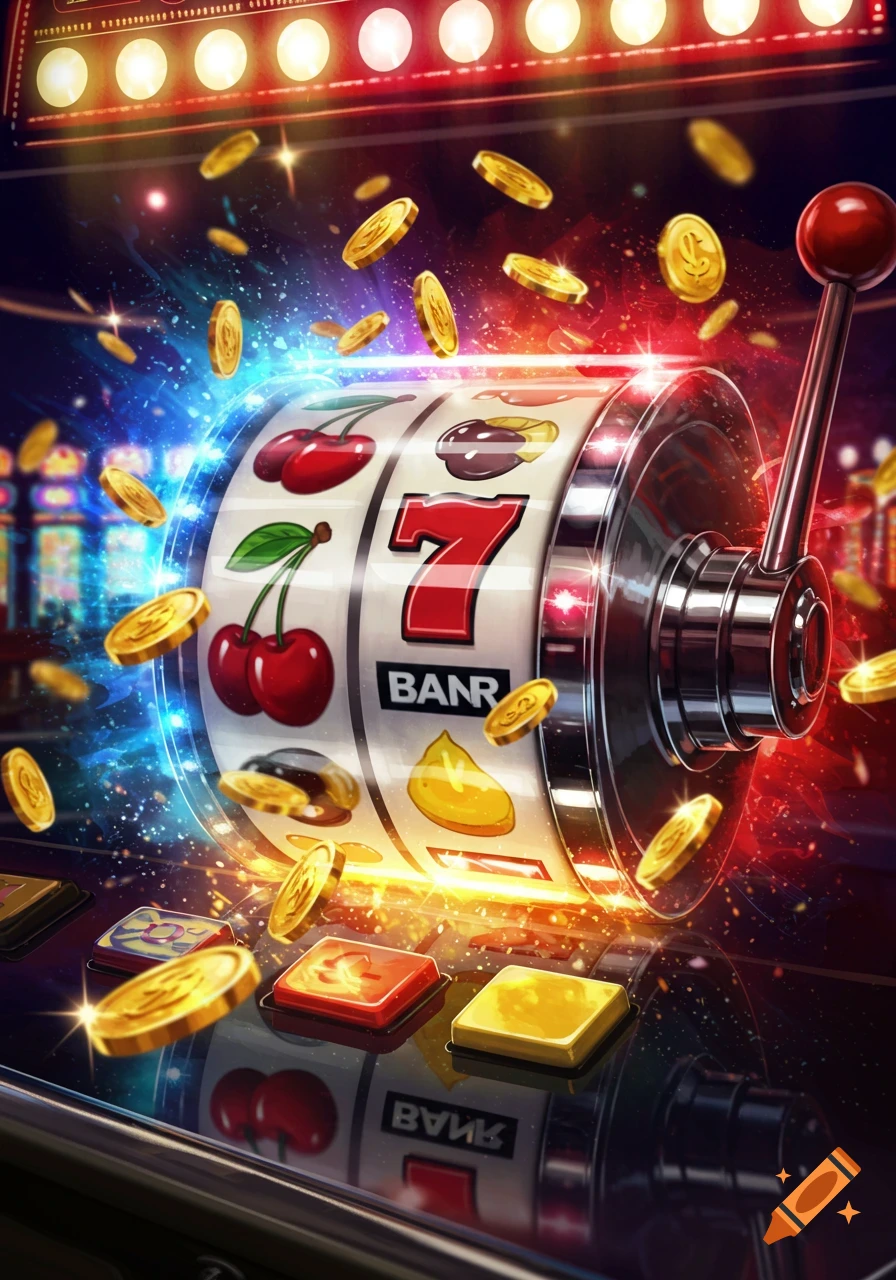A brightly lit slot machine with a lever, reels showing cherries, a red 7, and a garbled 'BANR' symbol, surrounded by falling gold coins.