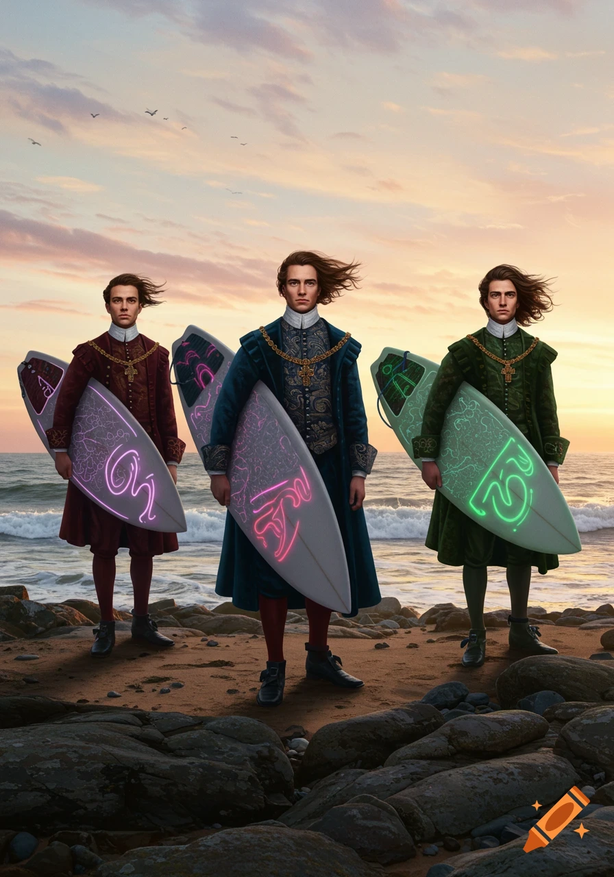 Three men in historical noble attire holding glowing surfboards on a beach at sunset.