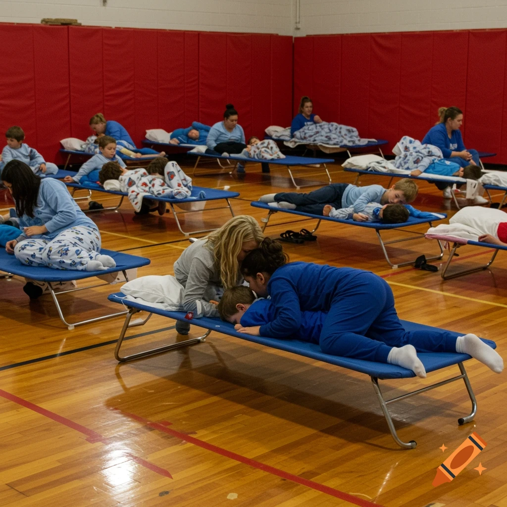 Moms and children in blue pajamas snuggle on cots in a school gymnasium with red walls.