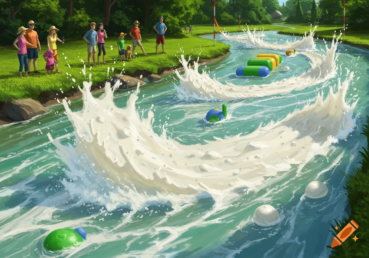 Illustrated family watching a river rapids slalom course where the water looks like creamy ranch salad dressing splashing.