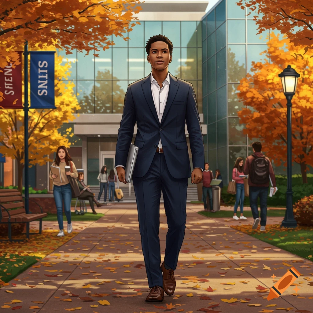 A stylized illustration of a young Black man in a suit walking on an autumn university campus with a modern building and colorful trees.