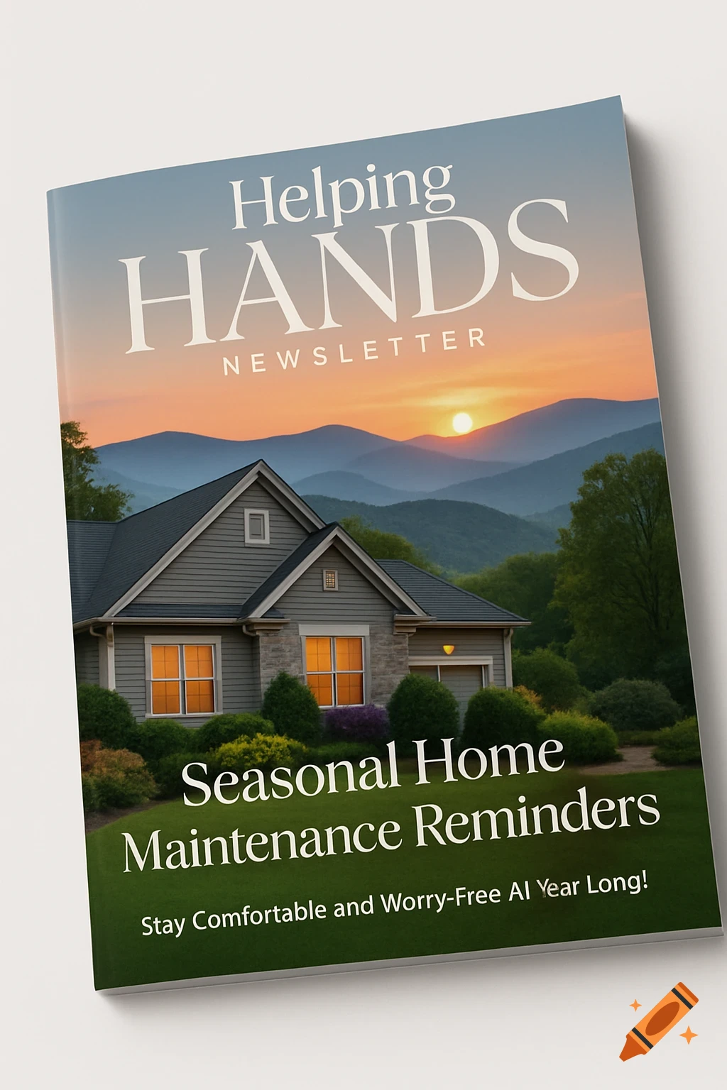 Magazine cover with 'Helping HANDS Newsletter' title, showing a house against a sunset mountain landscape with text reminders.