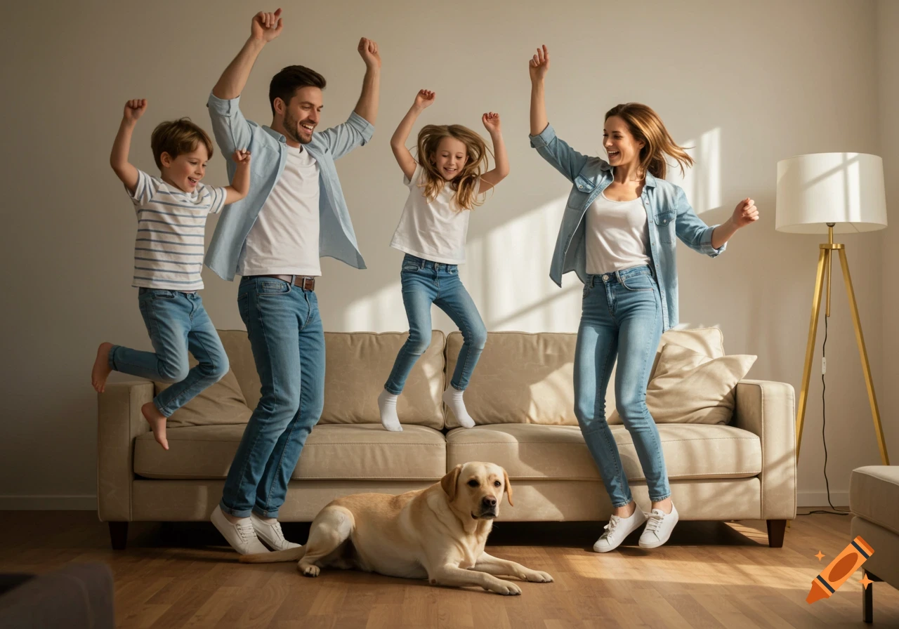 A family of four and their dog joyfully jump and dance together in a brightly lit living room, captured in a photorealistic style.