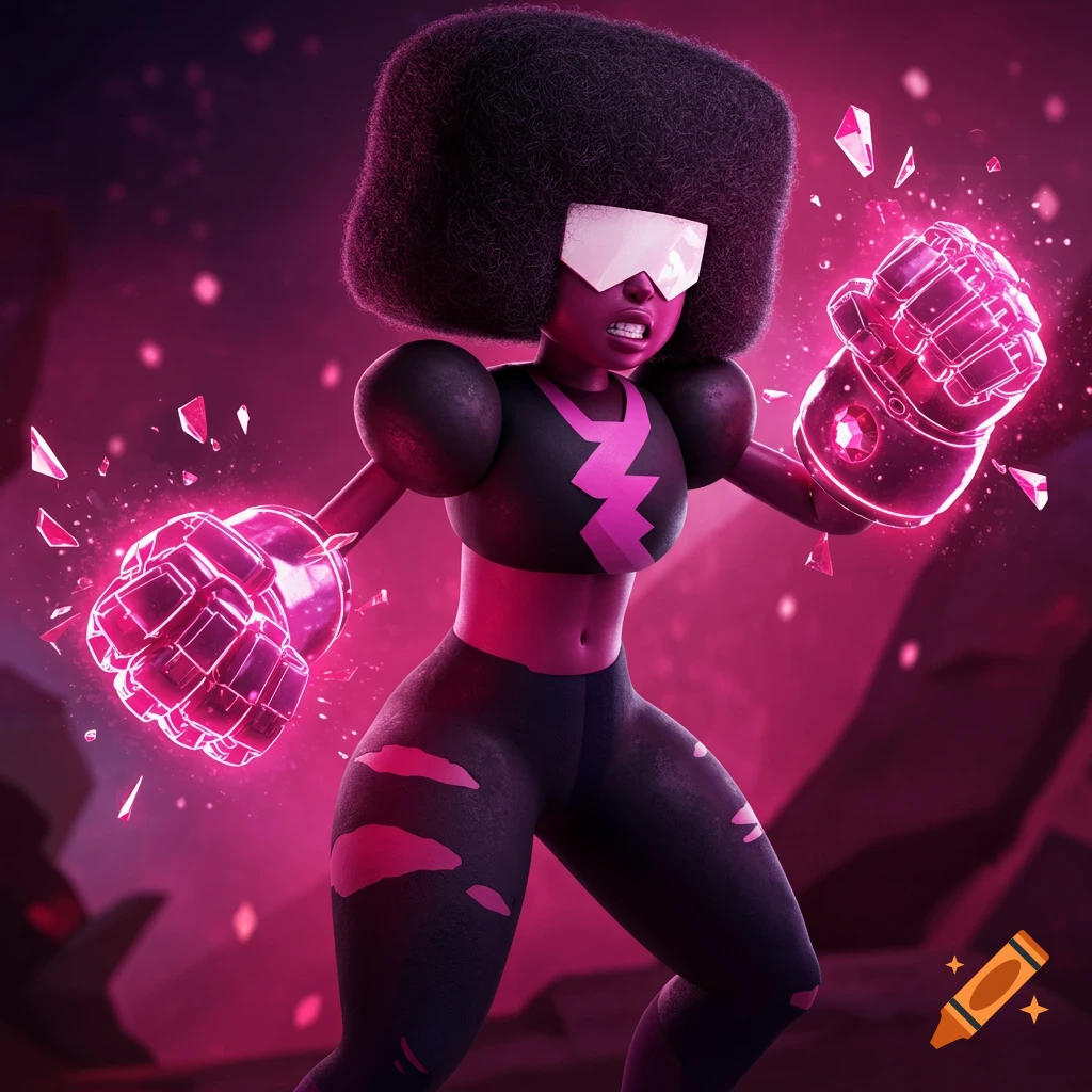 Garnet from Steven Universe with glowing pink gauntlets and a determined expression, surrounded by shattered crystals.