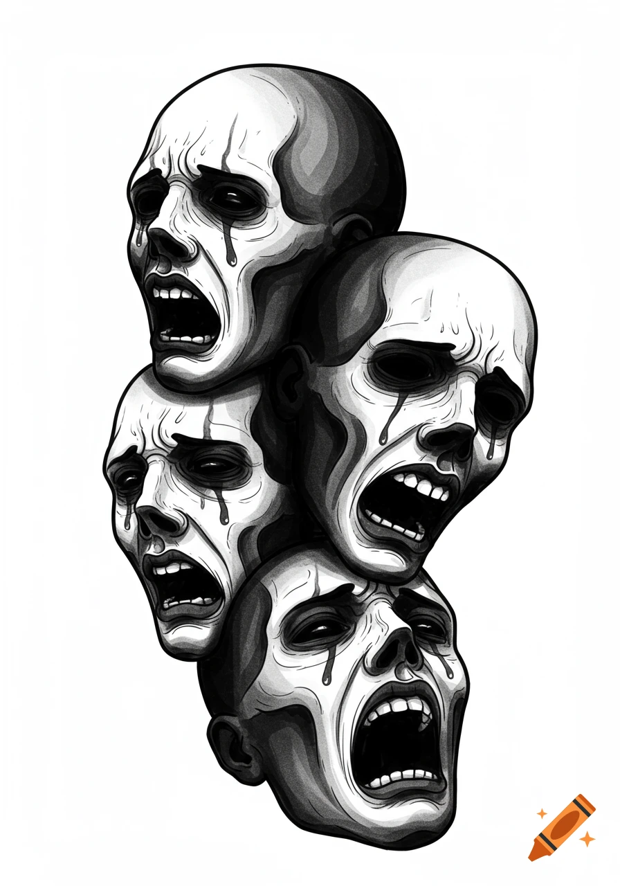 Black and white stylized illustration of three stacked screaming heads with dark eye sockets and tears, depicted in a fine line tattoo style.