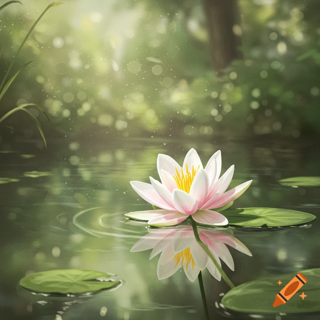 A vibrant pink and white water lily with yellow center floats on a calm, reflective pond, surrounded by lily pads in a soft green, sunlit forest.