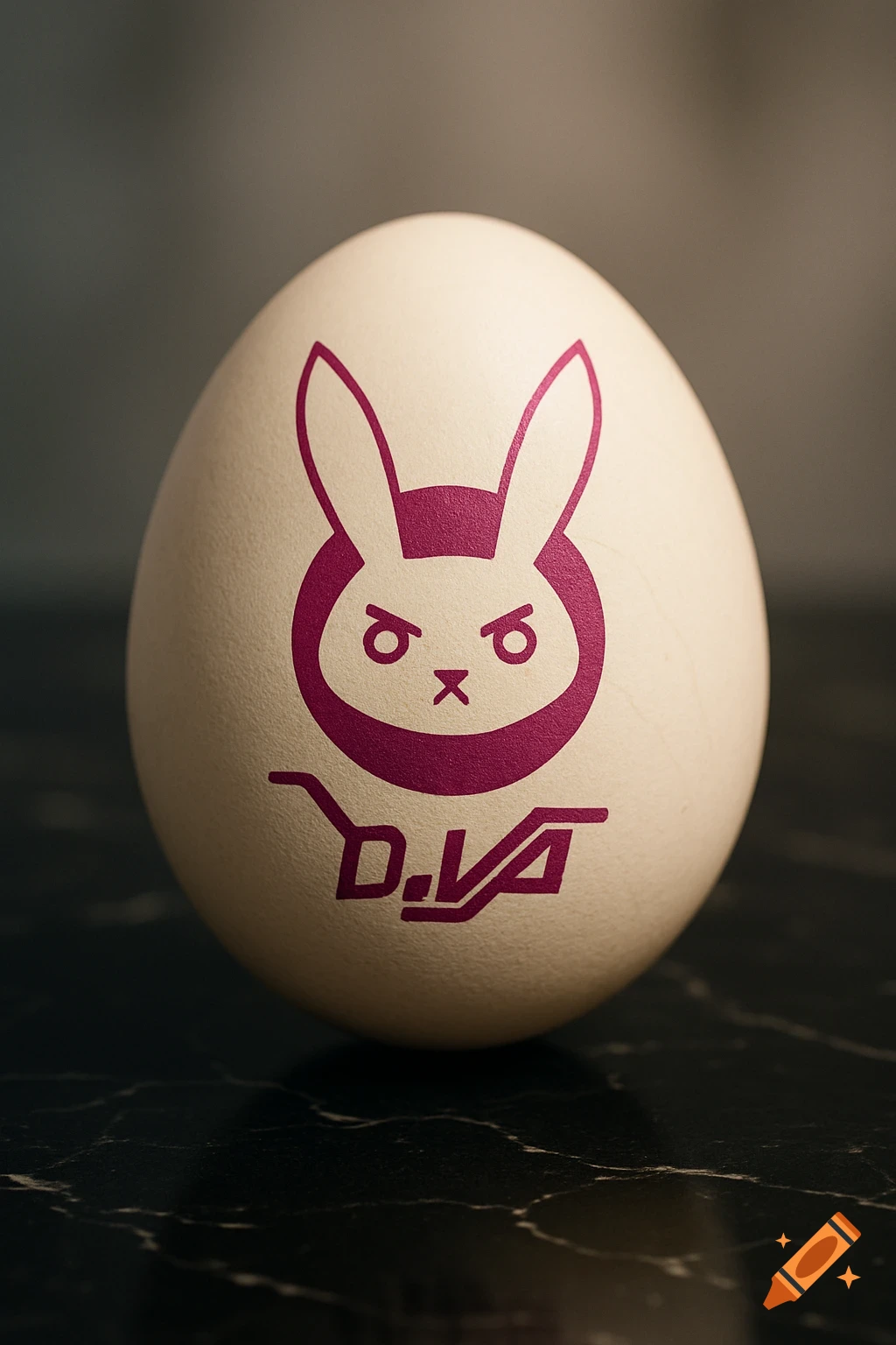 A white egg with a purple D.Va bunny logo and 'D.VA' text, resting on a dark marble surface.