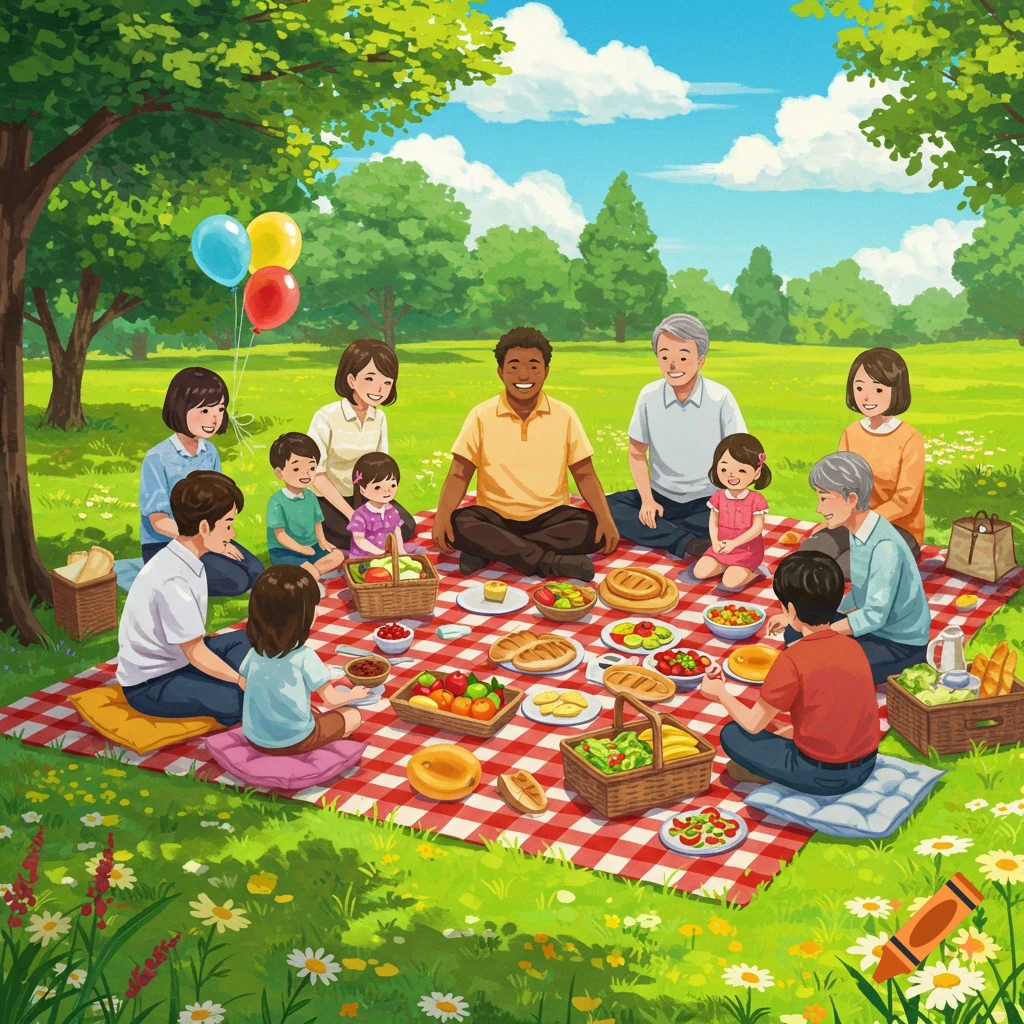 A diverse family enjoys a sunny picnic on a red and white checkered blanket in a green park.