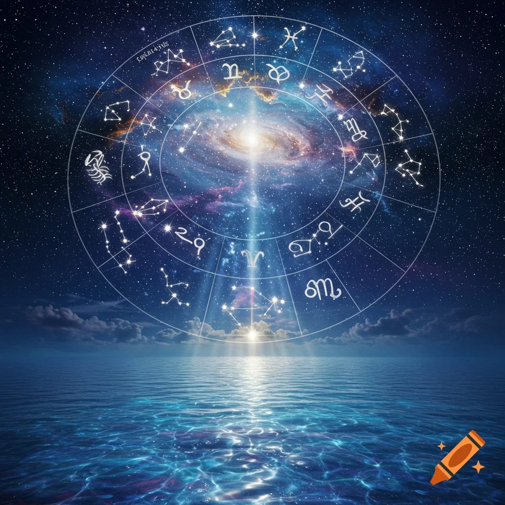 Detailed astrology wheel with zodiac signs and constellations over a galaxy and starry sky, above a reflective ocean.