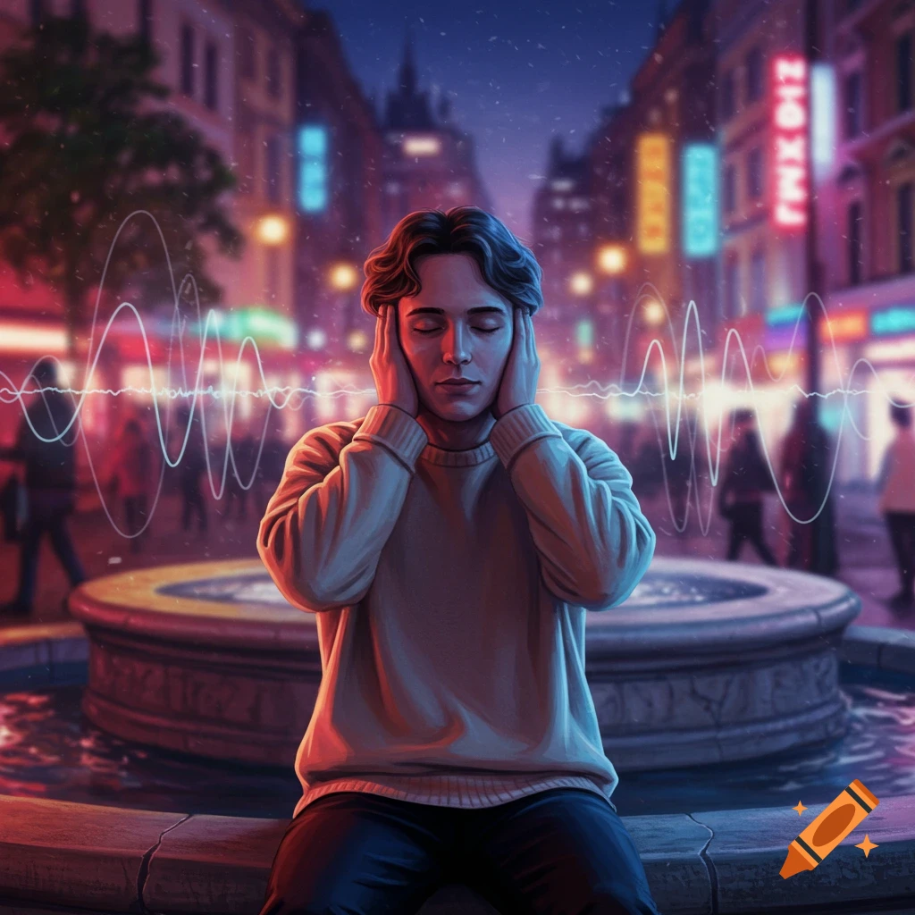 A person covers their ears with eyes closed, sitting by a fountain in a neon-lit city at night, surrounded by abstract sound waves.