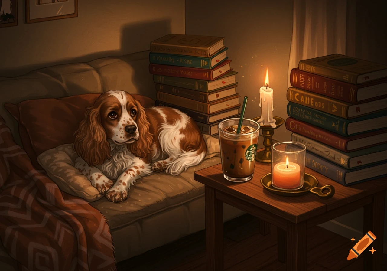 A brown and white cocker spaniel rests on a sofa next to stacks of books, a lit candle, and an iced coffee in a cozy, softly lit room.