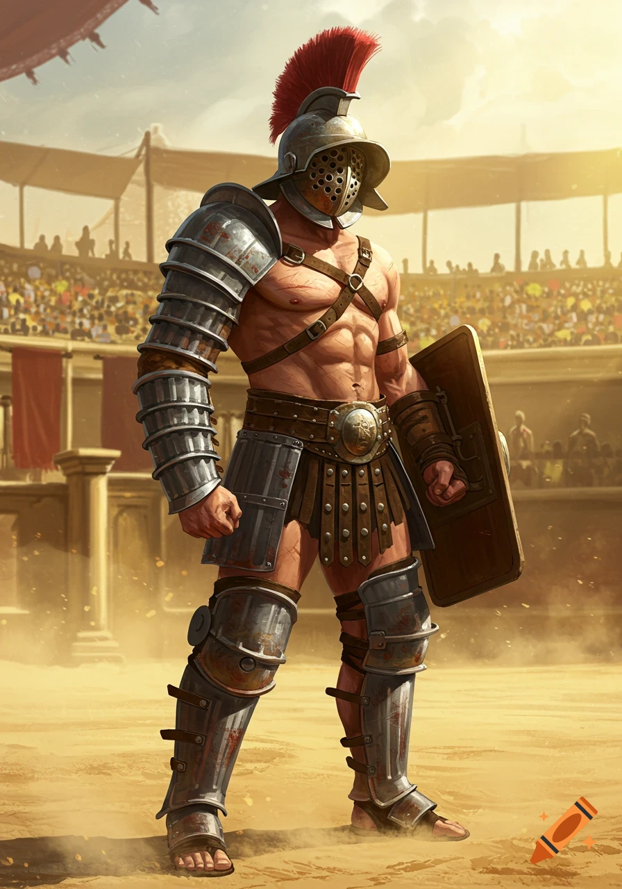 A muscled gladiator in ornate metal armor and helmet, holding a shield, stands in a dusty arena with a cheering crowd.