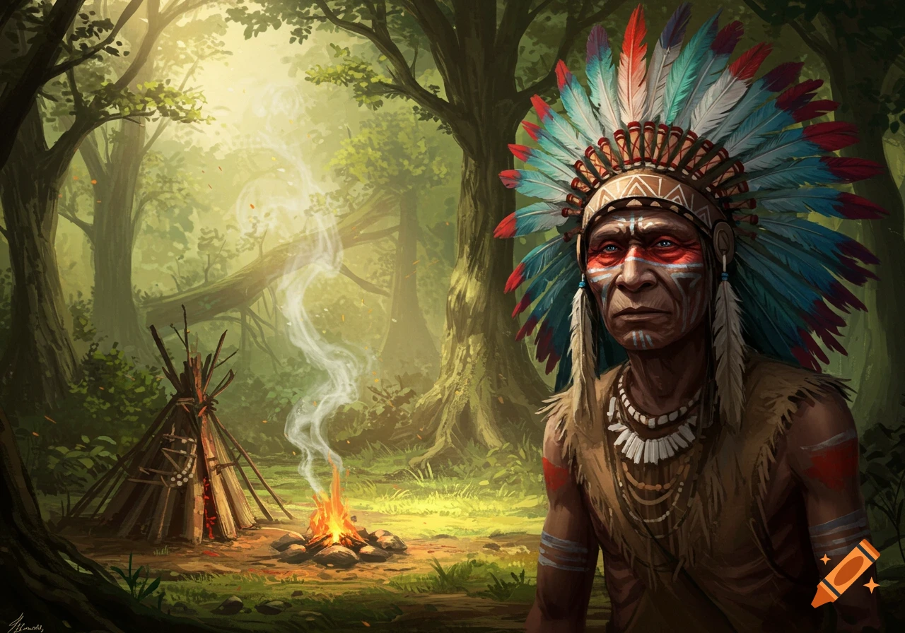 A detailed fantasy illustration depicts a tribal chief in a feathered headdress and face paint, with a teepee and campfire in a sunlit forest.