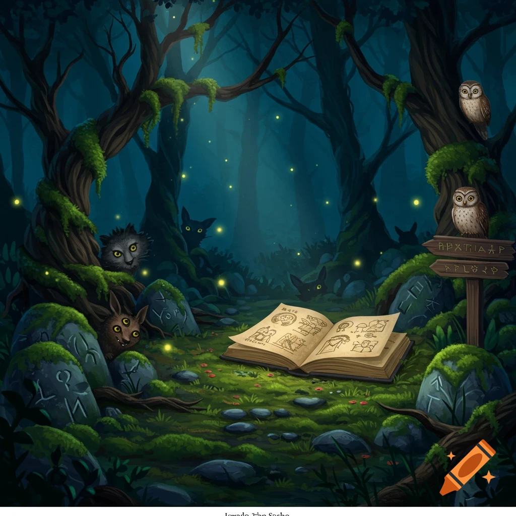 A whimsical illustration of a dark, magical forest at night. An open spellbook lies on mossy ground, surrounded by glowing fireflies, trees, and hidden creatures like owls, cats, and a furry multi-eyed animal peeking from behind mossy stones.