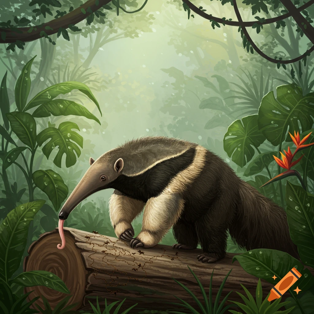 A stylized anteater with its tongue out, eating ants on a log in a lush green jungle.