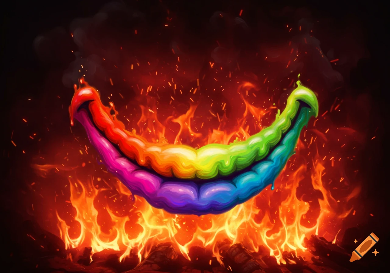A vibrant, dripping rainbow-colored smile floats over an intense fire with orange and red flames and rising embers.