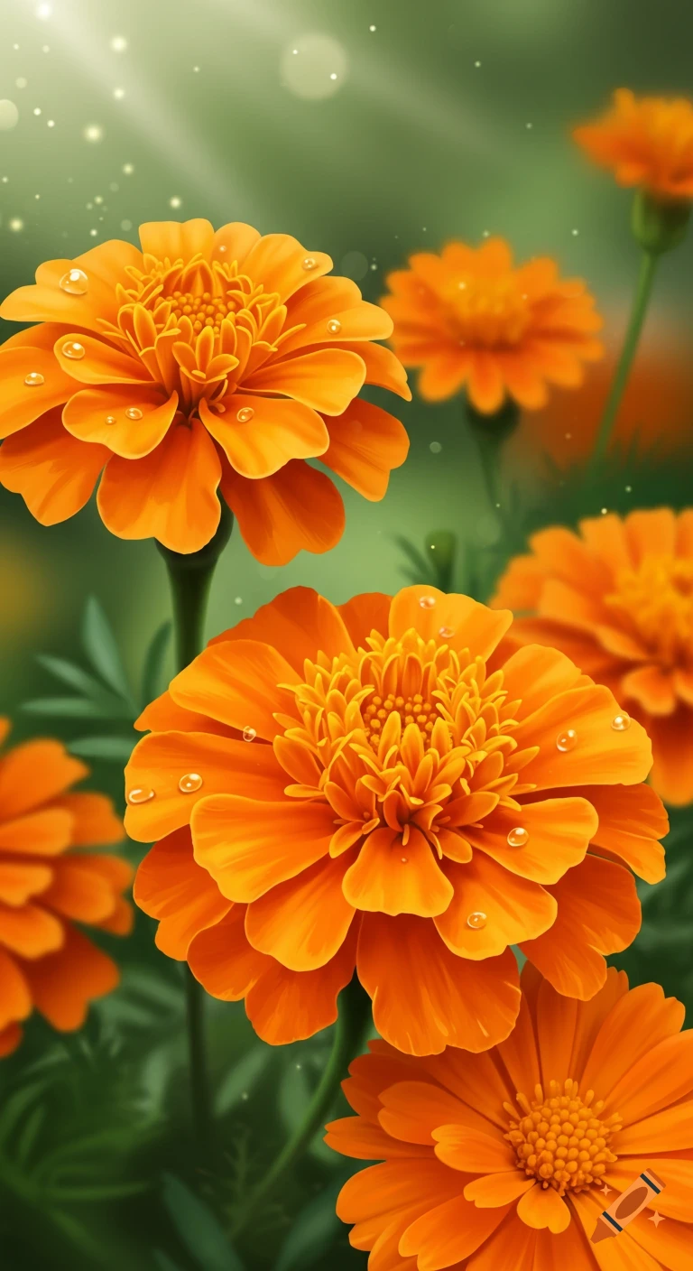 Close-up of vibrant orange marigold flowers with water droplets, in a soft-focus green garden with sunbeams.