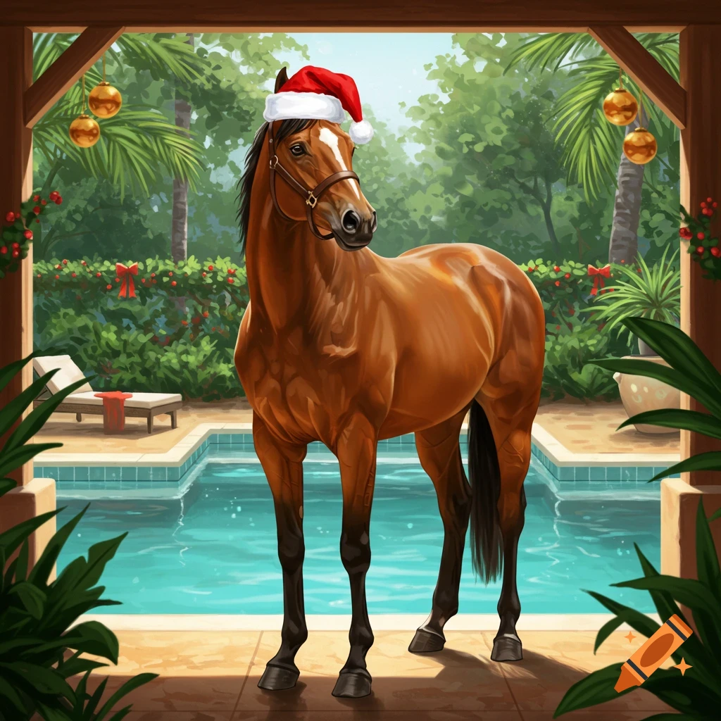 A brown horse wearing a red Christmas hat stands on a patio next to a swimming pool, surrounded by tropical plants and holiday decorations.