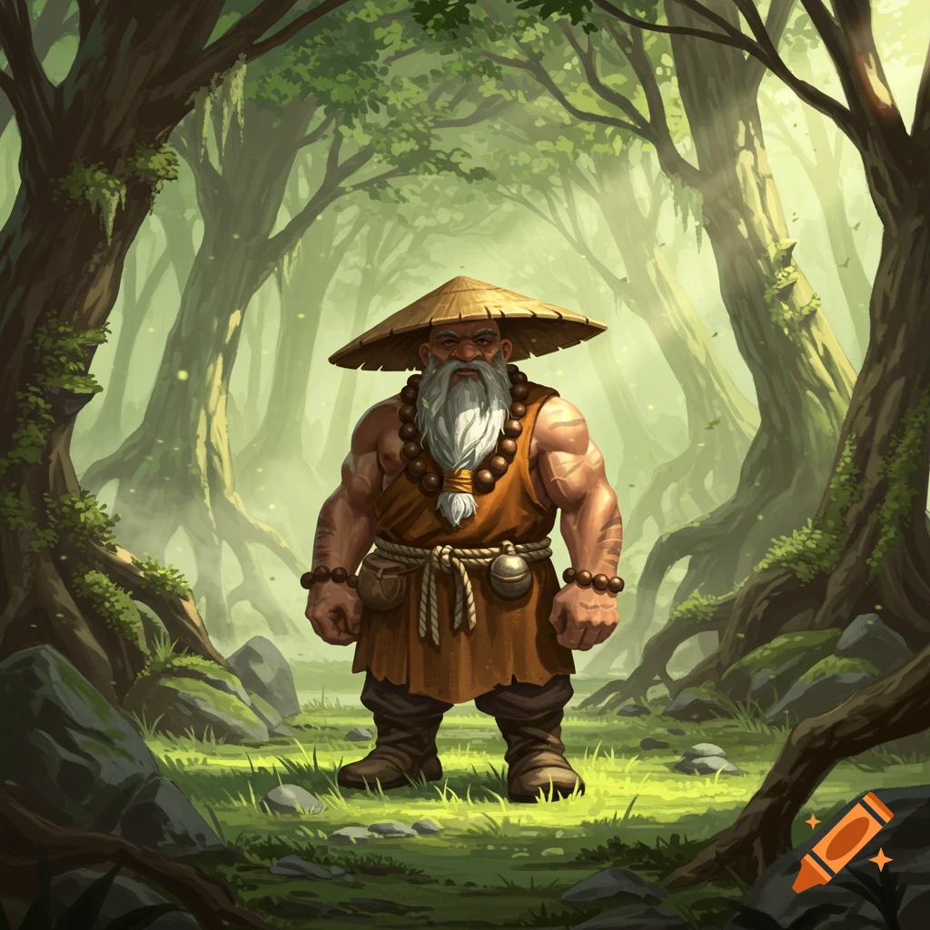 Muscular dwarf monk with a long white beard and straw hat stands in a vibrant, mystical forest, digital art style.