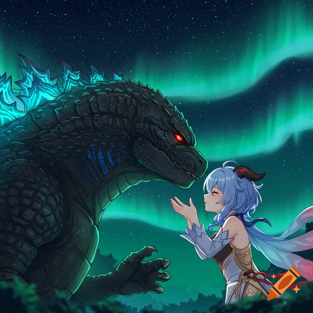 Anime art of Godzilla and Ganyu from Genshin Impact nose to nose under a green aurora-lit night sky.
