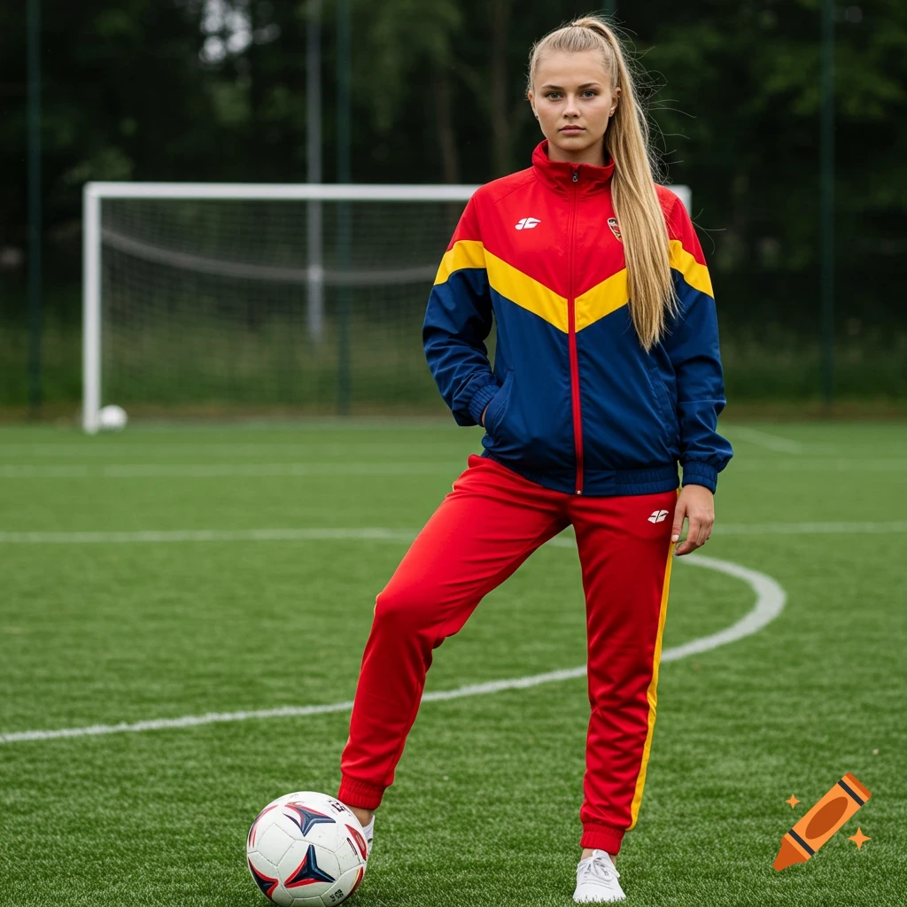 A young woman in a red, navy, and yellow tracksuit stands on a soccer field with her foot on a soccer ball, a goal in the background.