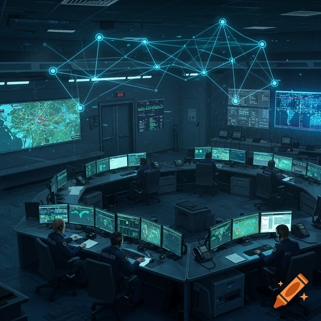 An overhead view of a dimly lit, high-tech control room with multiple operators seated at curved desks, surrounded by glowing computer screens displaying maps and data. A network of glowing blue lines connects points above the room.