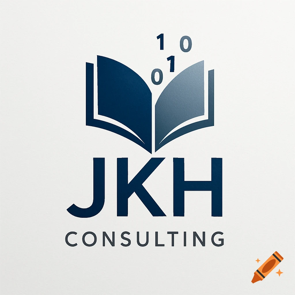 A blue and gray logo for JKH Consulting, featuring an open book with binary numbers floating above its pages and the company name below.