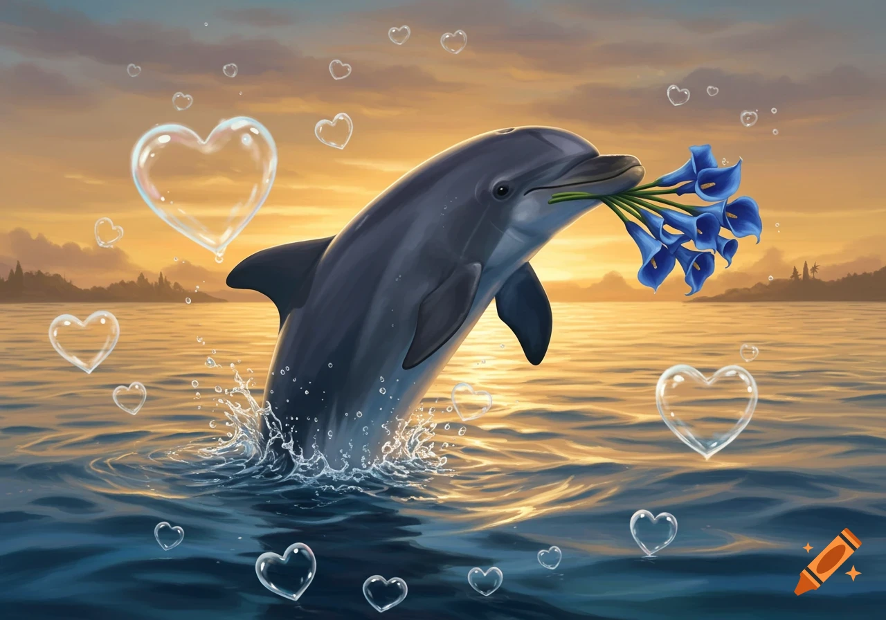 A dolphin leaps from the ocean at sunset, holding blue calla lilies in its mouth, surrounded by heart-shaped bubbles.