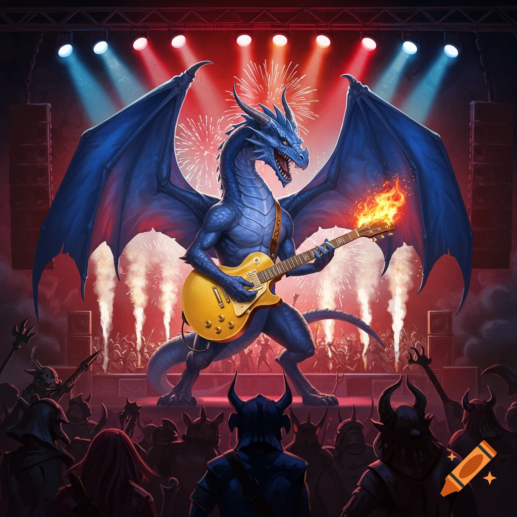 A blue dragon plays a flaming electric guitar on stage, with fireworks, smoke, and a crowd of horned creatures below.