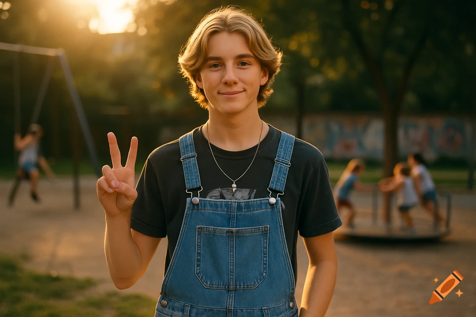 A smiling teenage boy with blond hair wearing overalls makes a peace sign in a sunlit playground. Other children play in the blurred background.