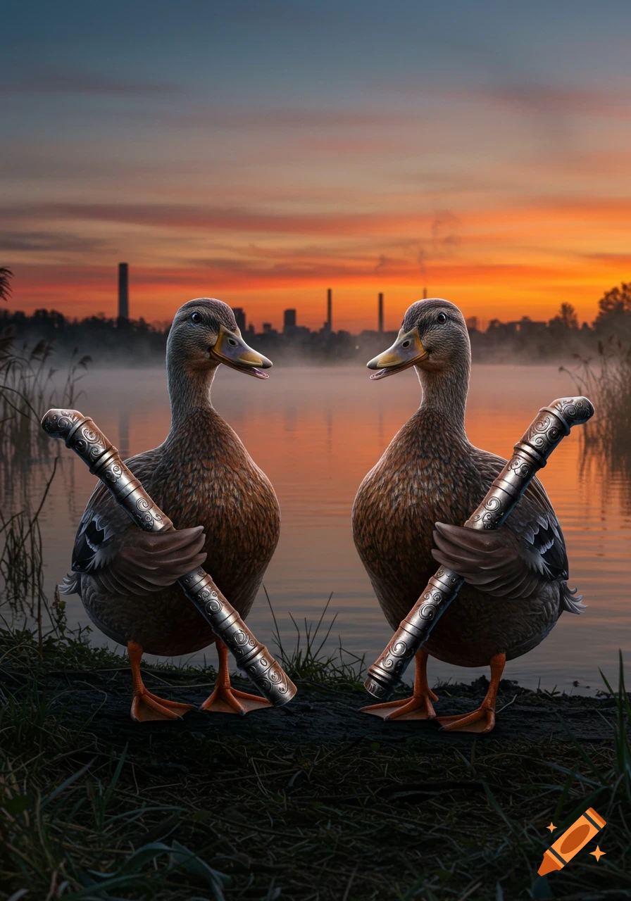 Two photorealistic ducks holding ornate metal pipes stand by a misty lake at sunset with a city skyline in the distance.