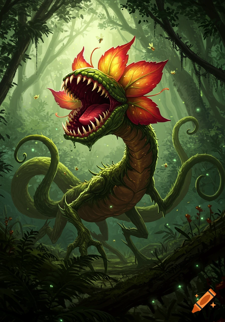 A ferocious green plant monster with a flytrap mouth, red petals, and vine limbs stands in a lush, luminous jungle, digital art.