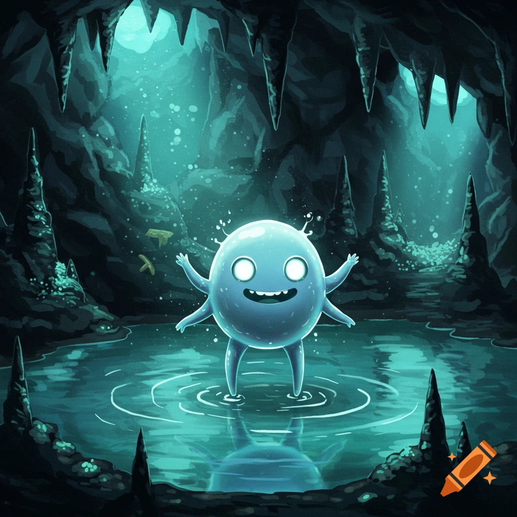 A cute, smiling blue spherical water spirit with multiple limbs stands in a glowing subterranean pond within a dark cave, reflecting in the water, in a cartoon style.