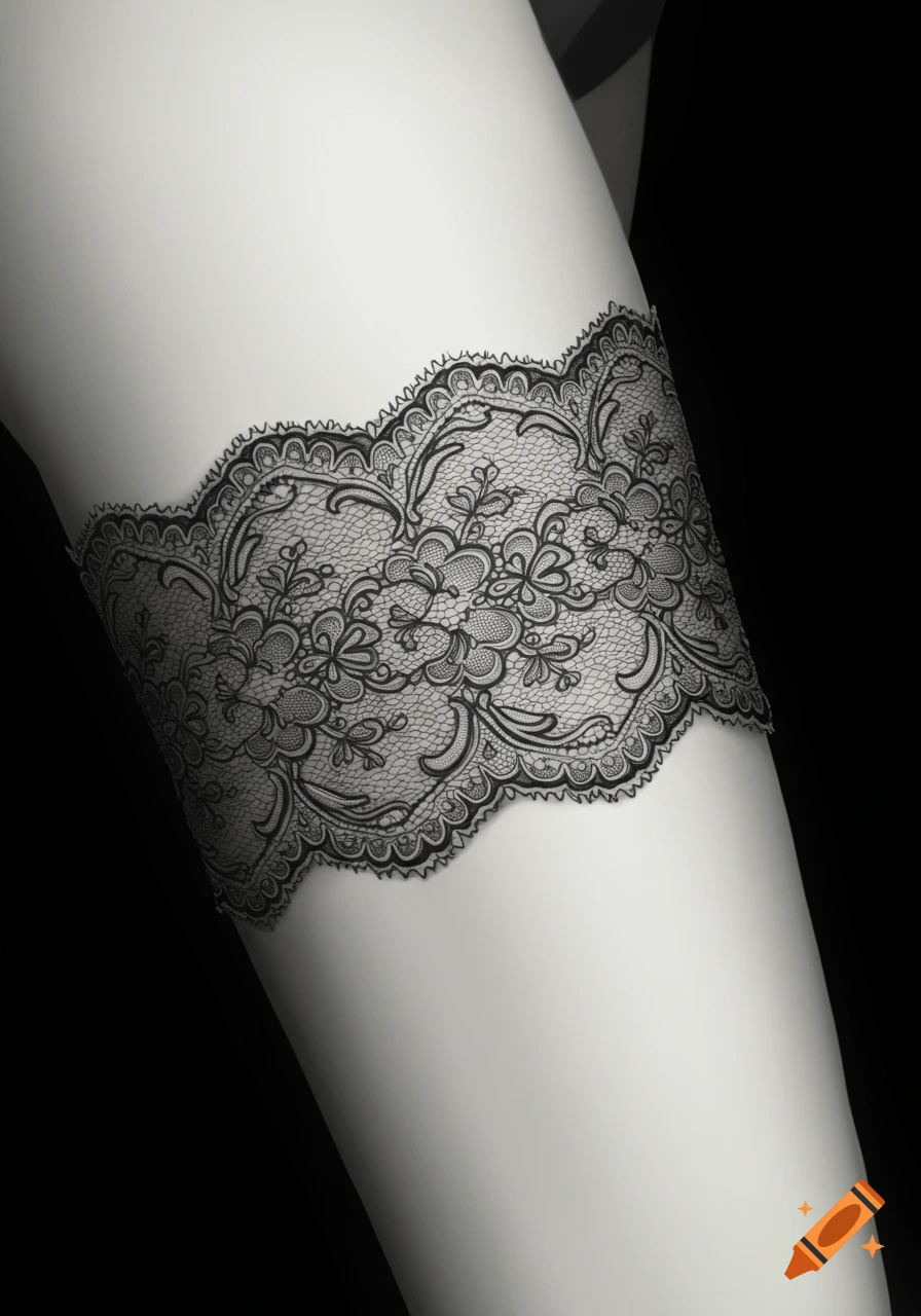 Photorealistic studio shot of a black lace garter on a woman's leg.