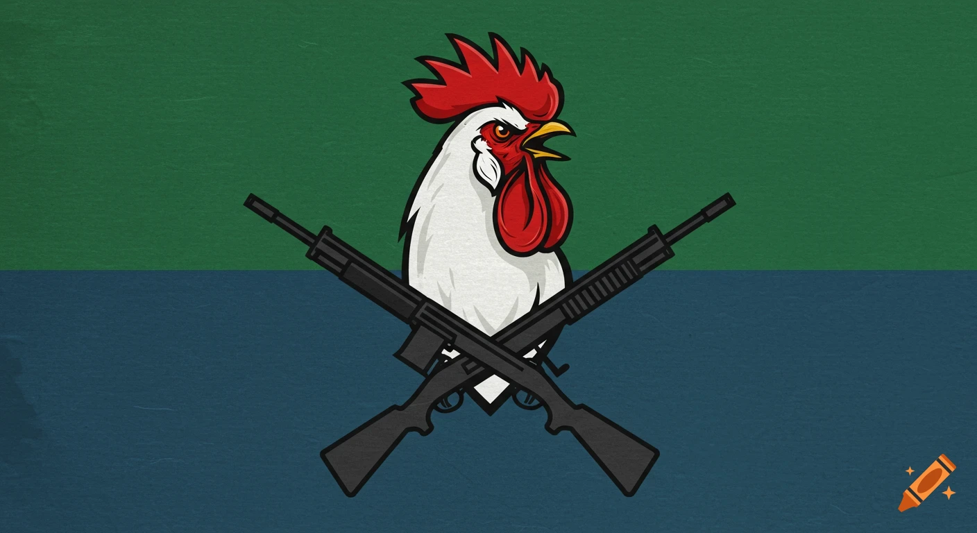 A stylized flag with a white rooster, red comb and wattle, crowing over two crossed black guns, on a background split green and blue.