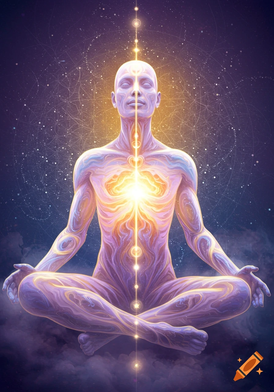 A meditating figure with glowing energy channels against a cosmic background.