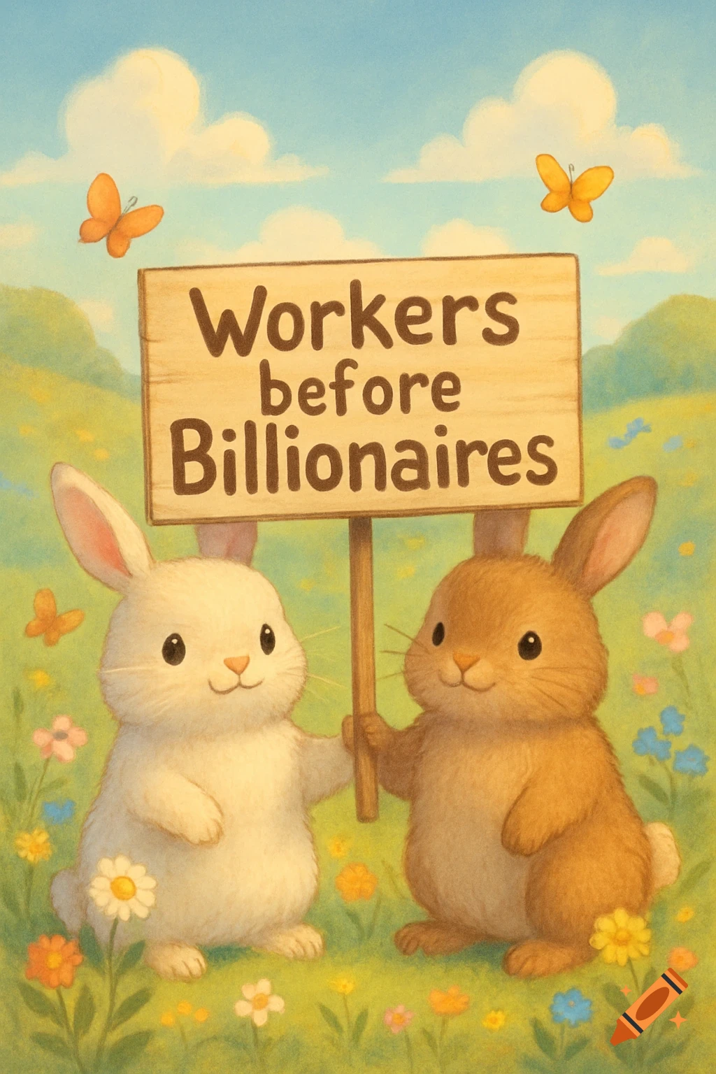 Whimsical illustration of two cute bunnies in a field of flowers, holding a sign that says 'Workers before Billionaires'.