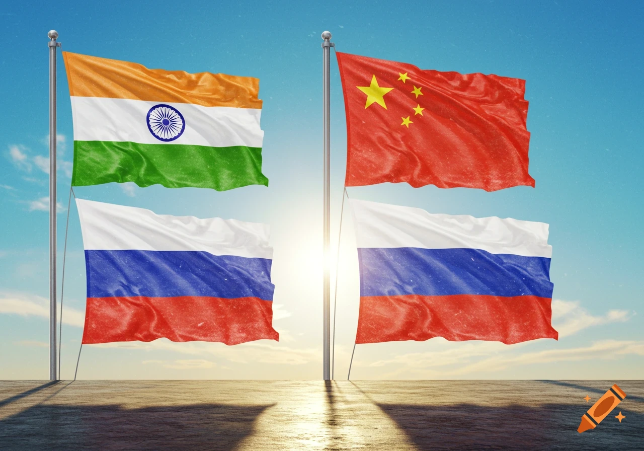 Waving flags of India, China, and two Russian flags on poles under a bright blue sky with sun glare.