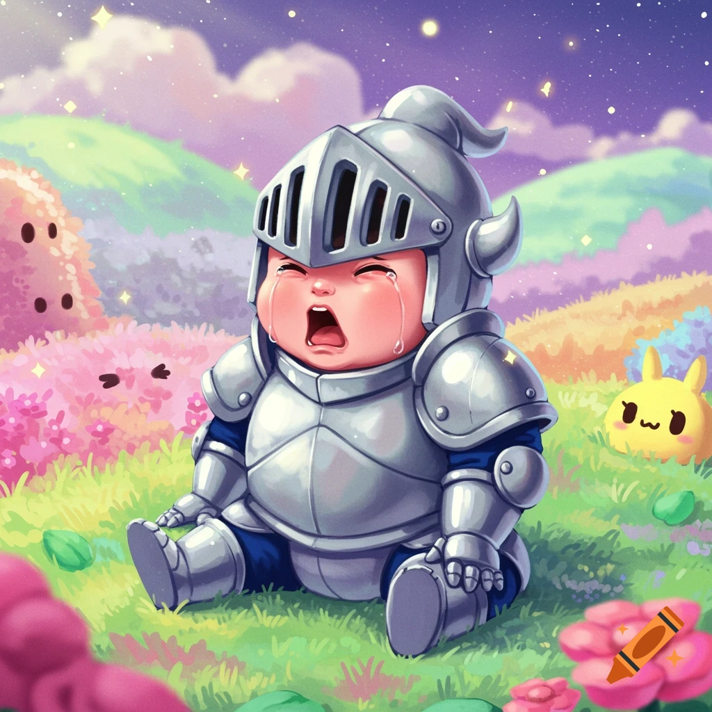 A crying baby in knight armor sits in a whimsical, colorful, sparkling fantasy field with a yellow creature. Digital illustration.