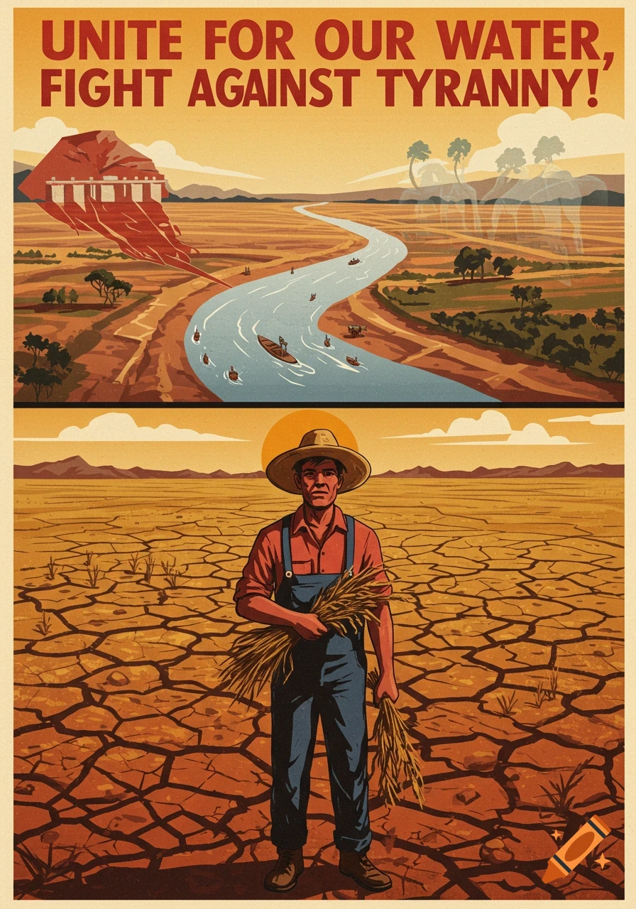 Propaganda poster: a river diverted by a dam through dry land, and a farmer in cracked earth holding dead crops. Text: 'UNITE FOR OUR WATER, FIGHT AGAINST TYRANNY!'