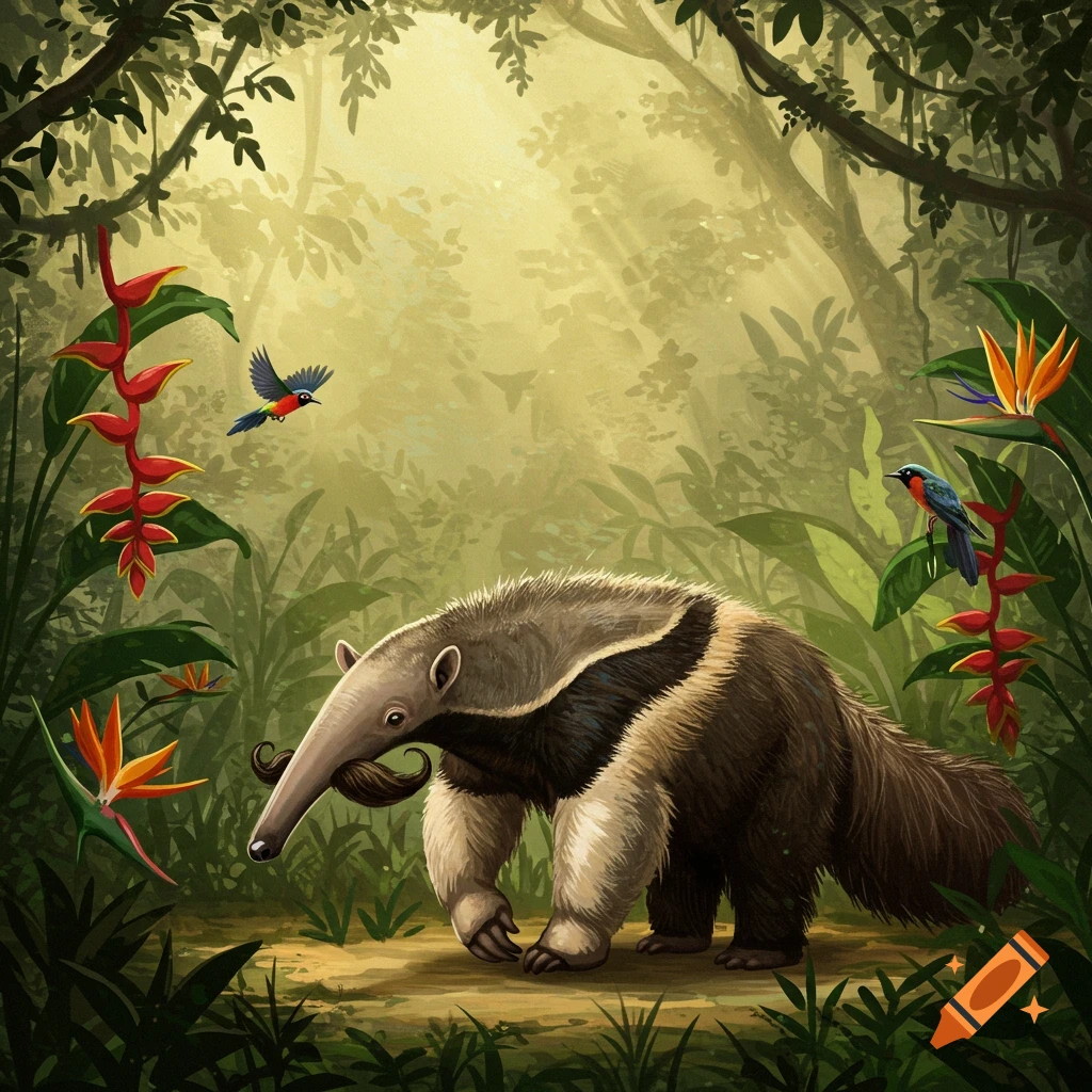An illustration of an anteater with a stylish mustache walking through a vibrant, sunlit jungle with tropical birds and flowers.