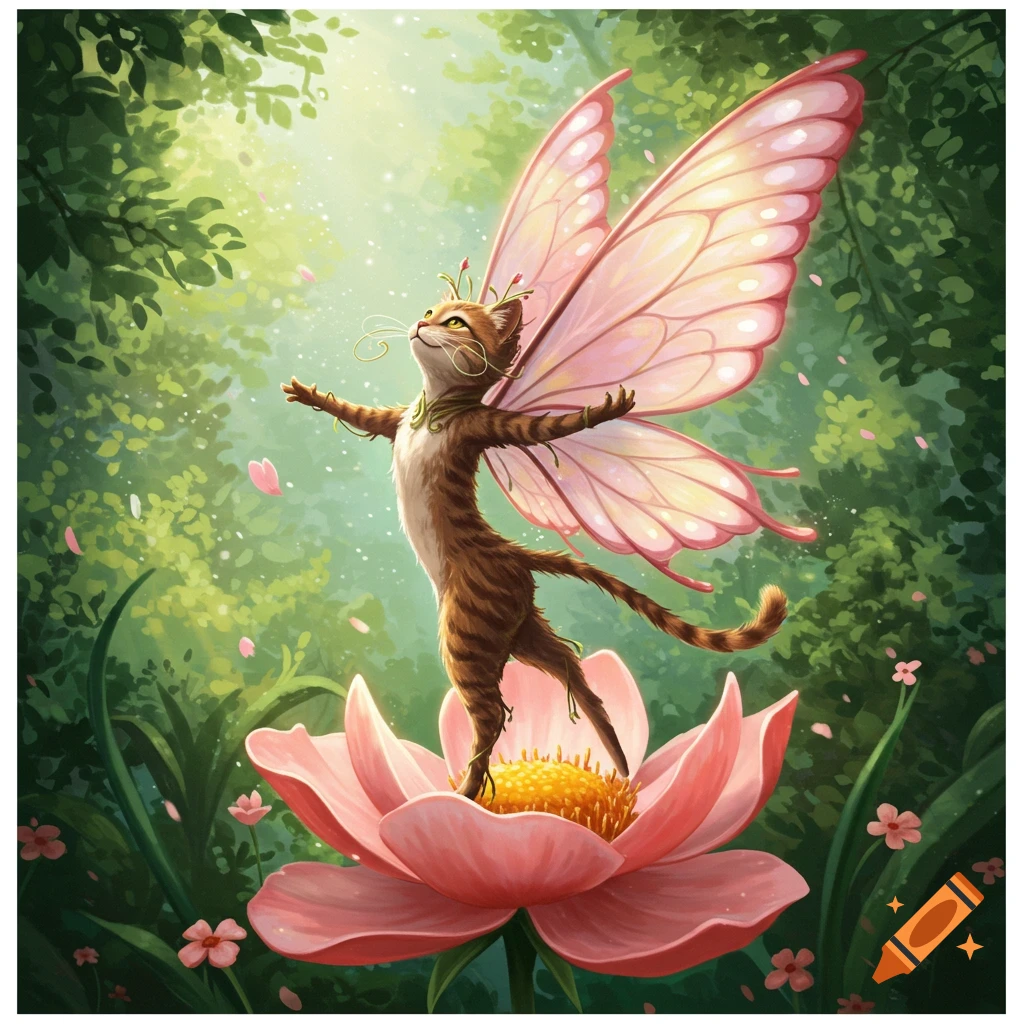 Whimsical cartoon cat with pink butterfly wings standing on a large pink flower in a sunny, lush green forest.