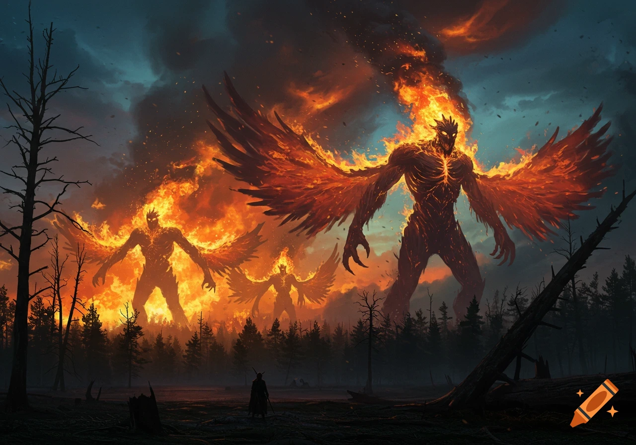 Three towering, winged flame monsters loom over a dark forest, spewing fire and smoke under a stormy sky, as a small figure observes.